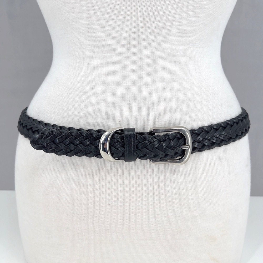 Braided Black Leather Belt Womens XL Woven Sculptural Buckle Modern Western